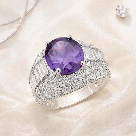 Jewelry - Simulated Purple & White Diamond Waterfall Ring in Silvertone